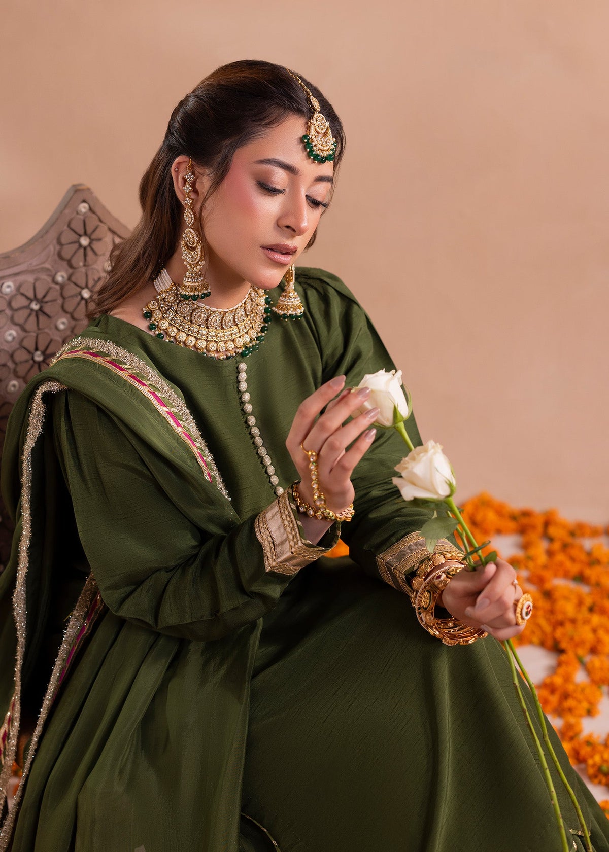 Olive Green Raw Silk Gharara Partywear Online in Dubai UAE Abudhabi Ajman Sharjah
