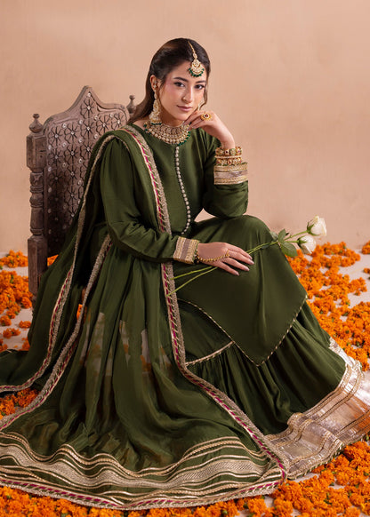 Olive Green Raw Silk Gharara with Dupatta Online in Sri Lanka India Australia