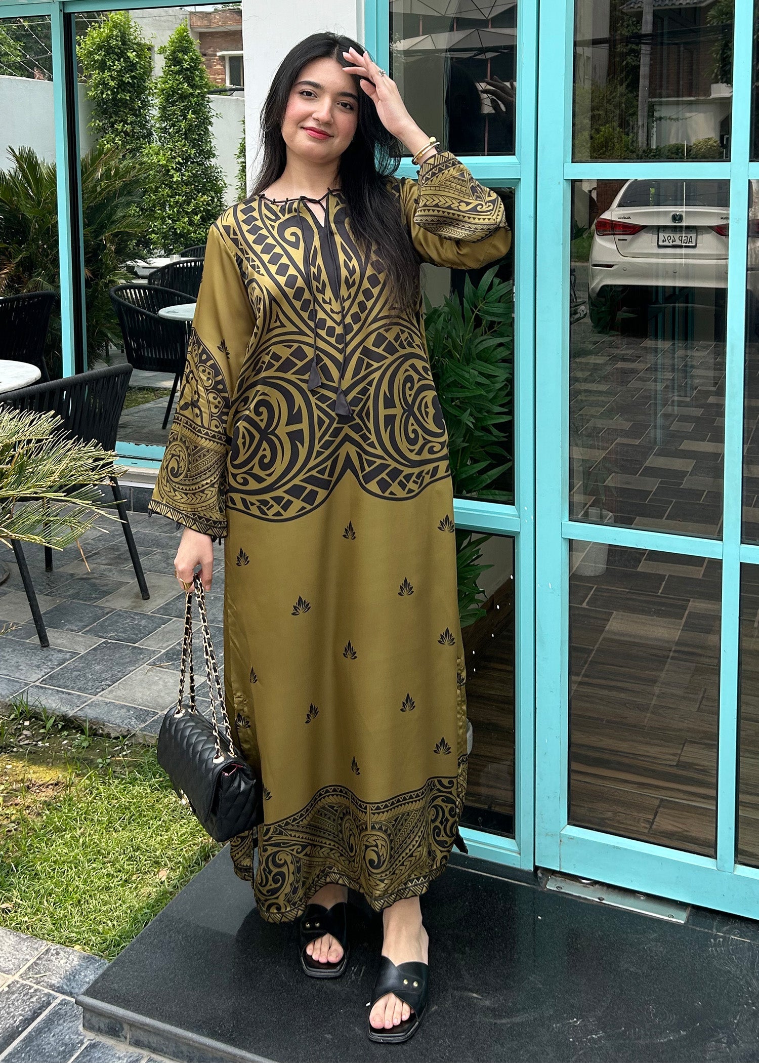 Olive Green Satin Silk Printed Kaftan Online in Sri Lanka India Australia