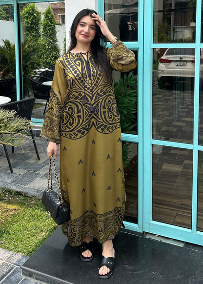 Olive Green Satin Silk Printed Kaftan Online in Sri Lanka India Australia