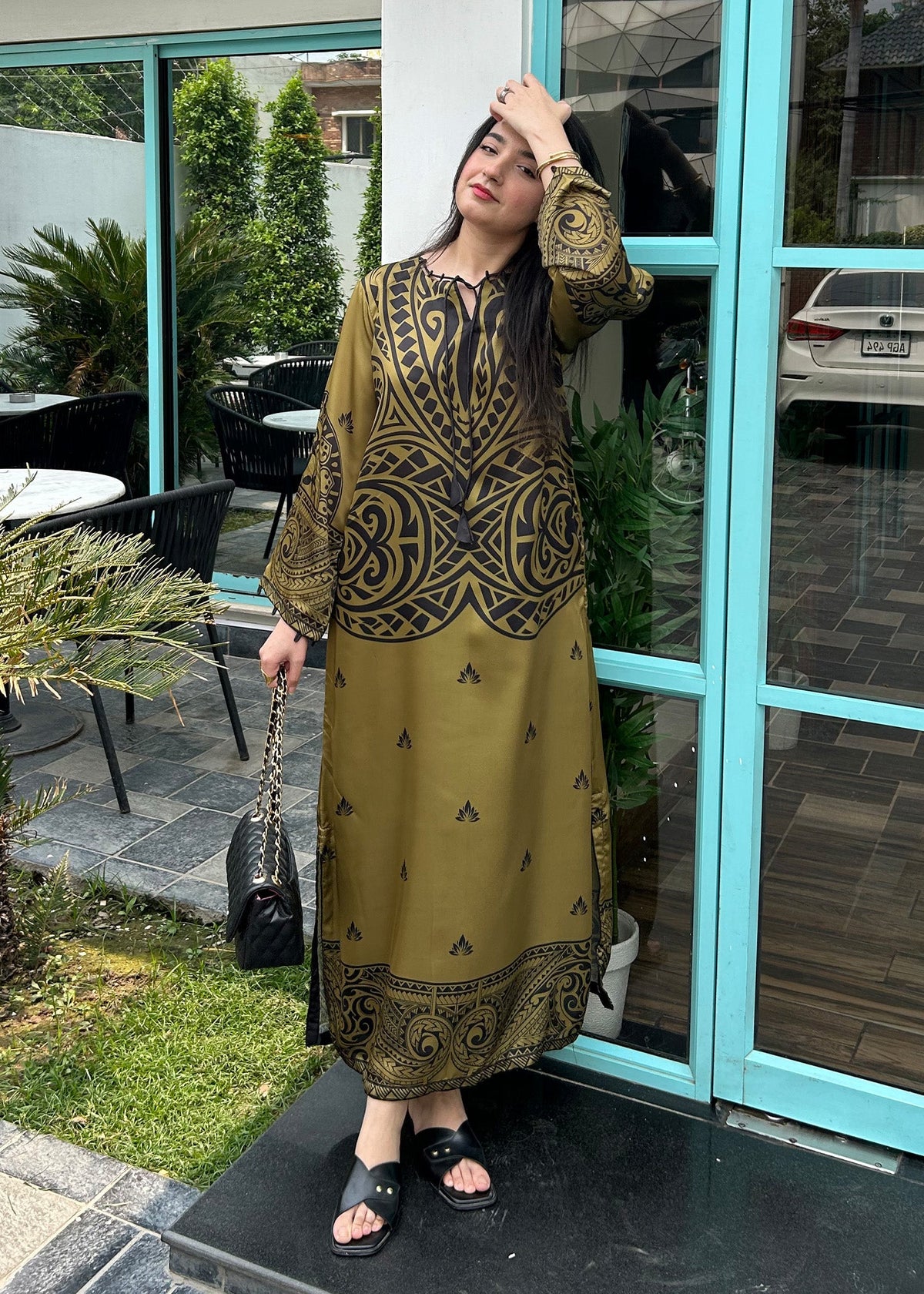 Olive Green Satin Silk Printed Kaftan Online in Sri Lanka India Australia