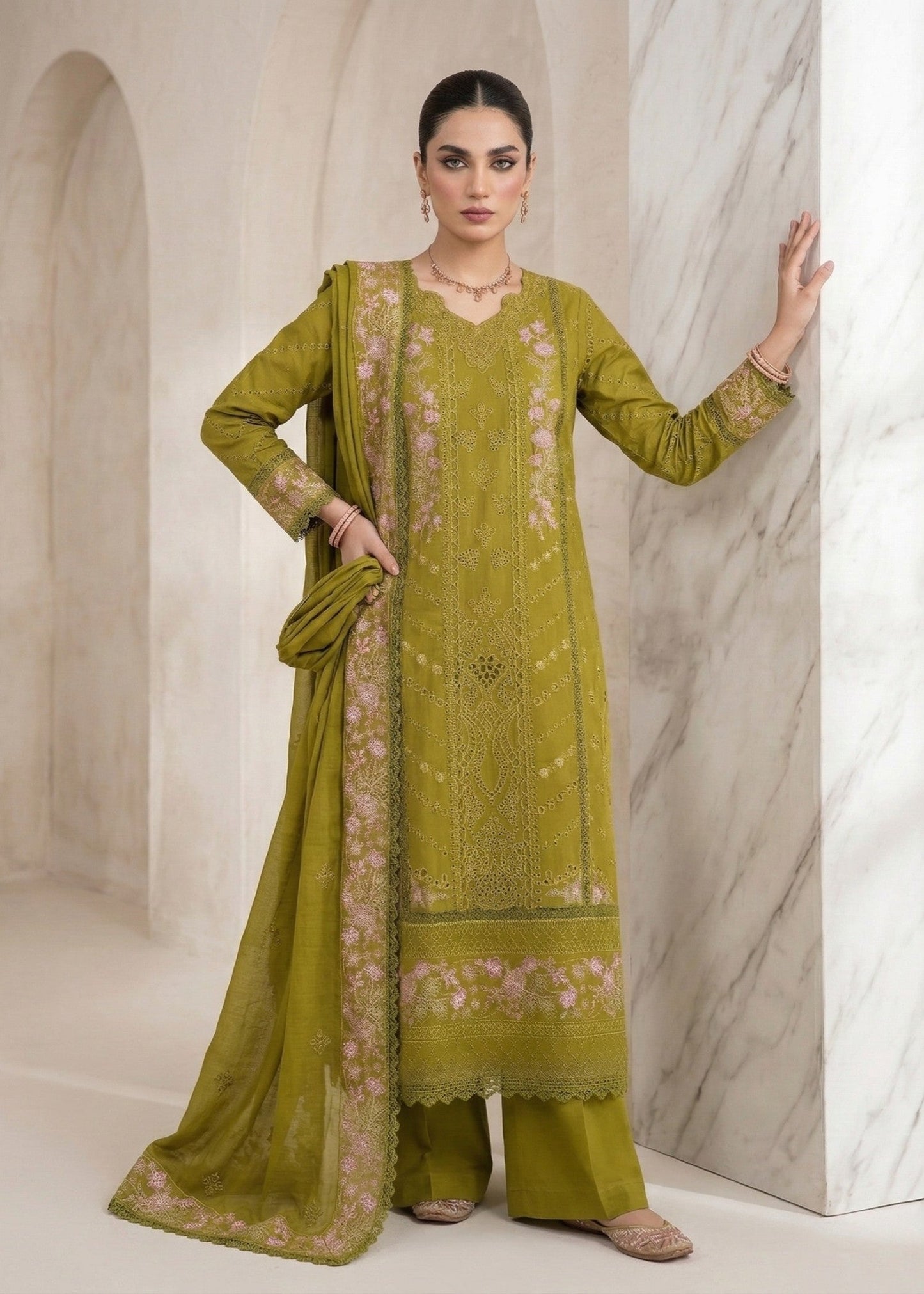 Olive Green Straight Kurta Lawn Suit Online in Dubai UAE Abudhabi Ajman Sharjah