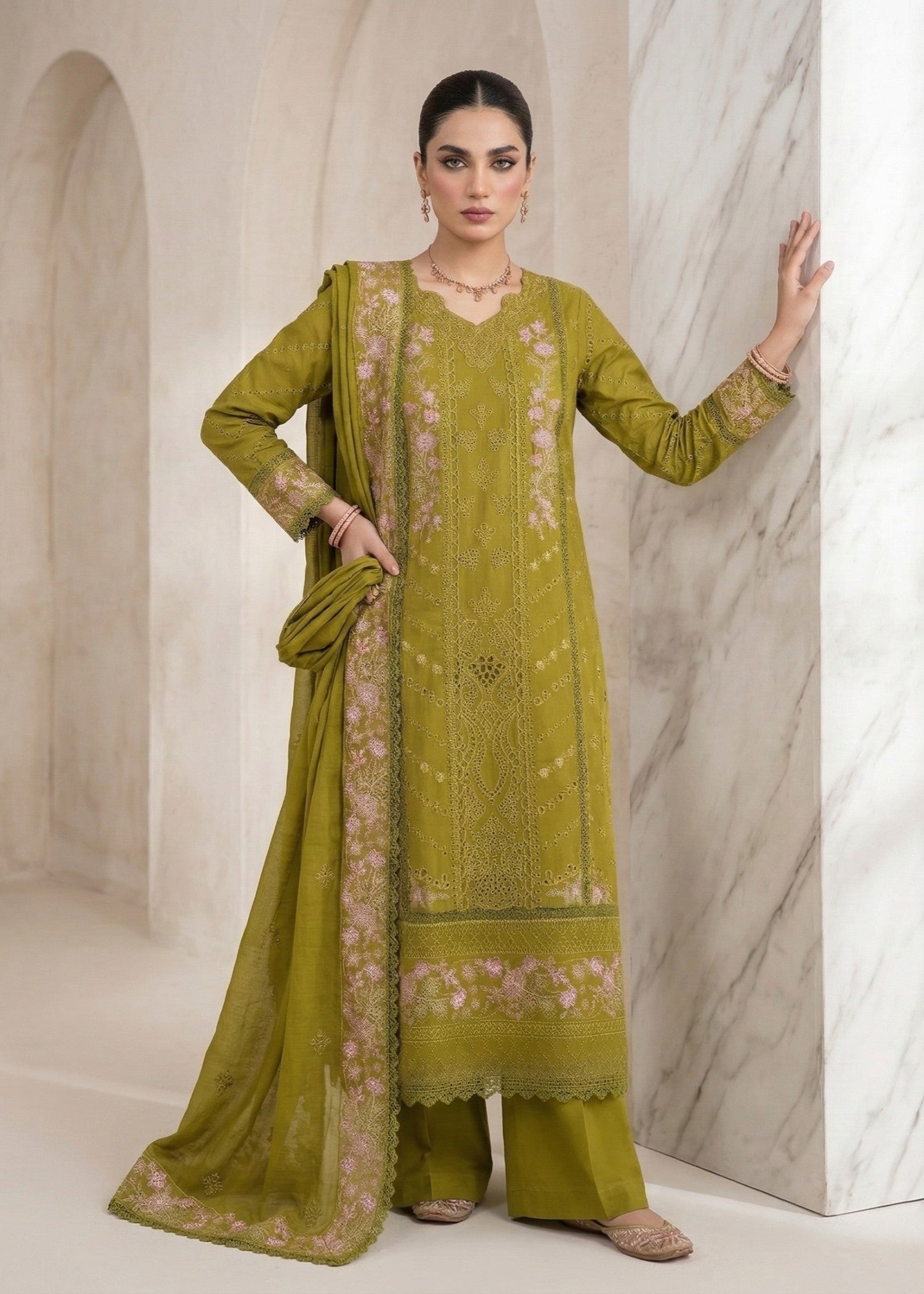 Olive Green Straight Kurta Lawn Suit Online in Dubai UAE Abudhabi Ajman Sharjah