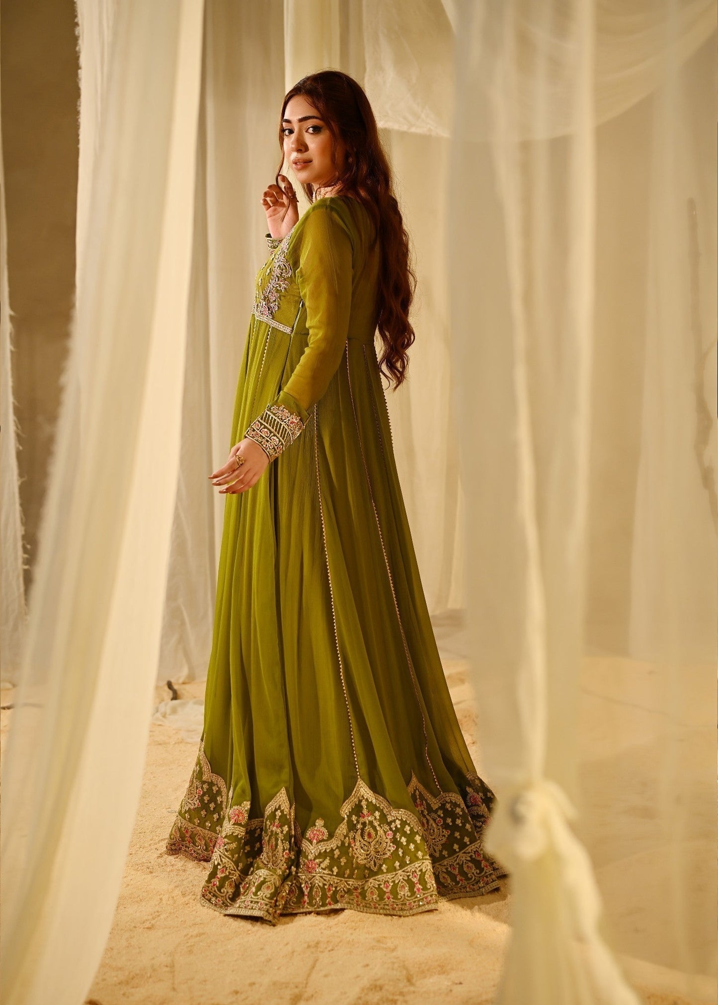 Olive Green Zari Resham Sequin Chiffon Suit Online in Dubai DXB UAE Abudhabi Meena Bazaar