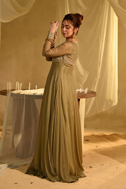 Olive Green Zari Resham Sequin Embroidered Suit Online in Sri Lanka India Australia