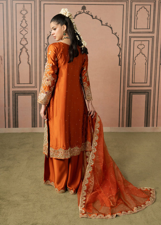 Orange Antique Gold Embroidered Organza Suit Online in Dubai DXB UAE Abudhabi Meena Bazaar