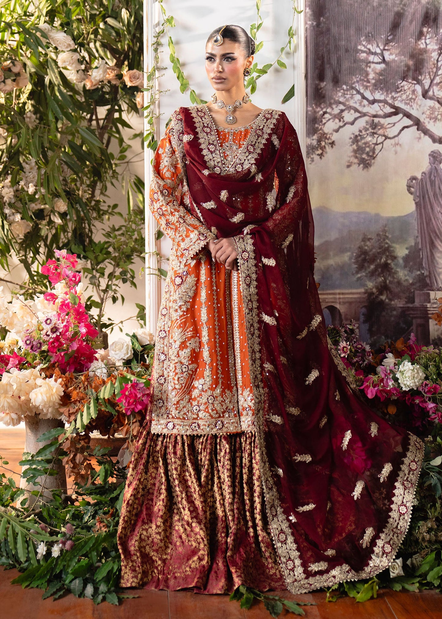 Orange Banarasi Kurti Flared Gharara Online in Dubai UAE Abudhabi Ajman Sharjah