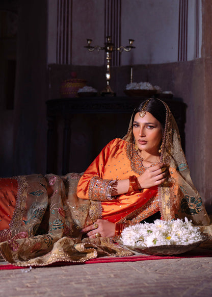 Orange Embellished Charmuse Guest Wear Suit Online in Dubai DXB UAE Abudhabi Meena Bazaar