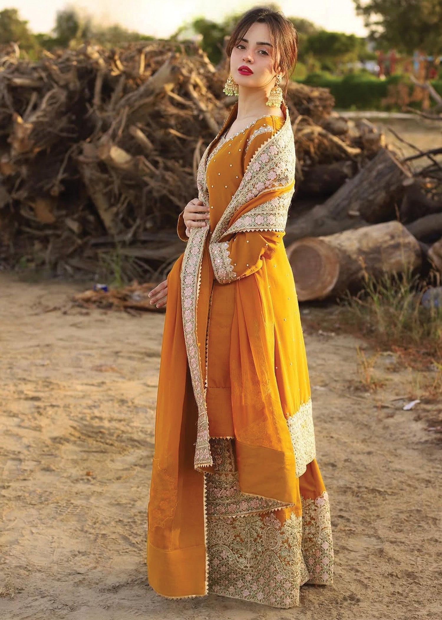 Orange Embroidered Chiffon Formal Salwar Kameez Online in Dubai DXB UAE Abudhabi Meena Bazaar