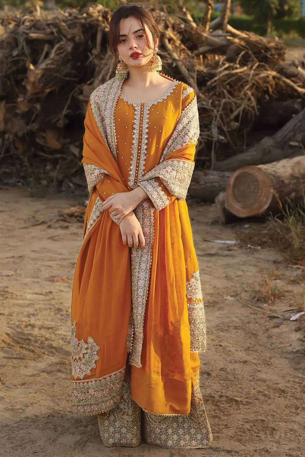 Orange Embroidered Chiffon Wedding Guest Suit Online in Dubai UAE Abudhabi Ajman Sharjah