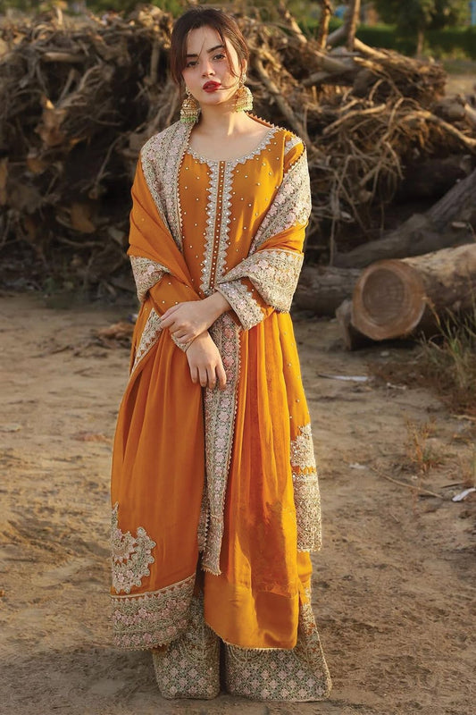 Orange Embroidered Chiffon Wedding Guest Suit Online in Dubai UAE Abudhabi Ajman Sharjah
