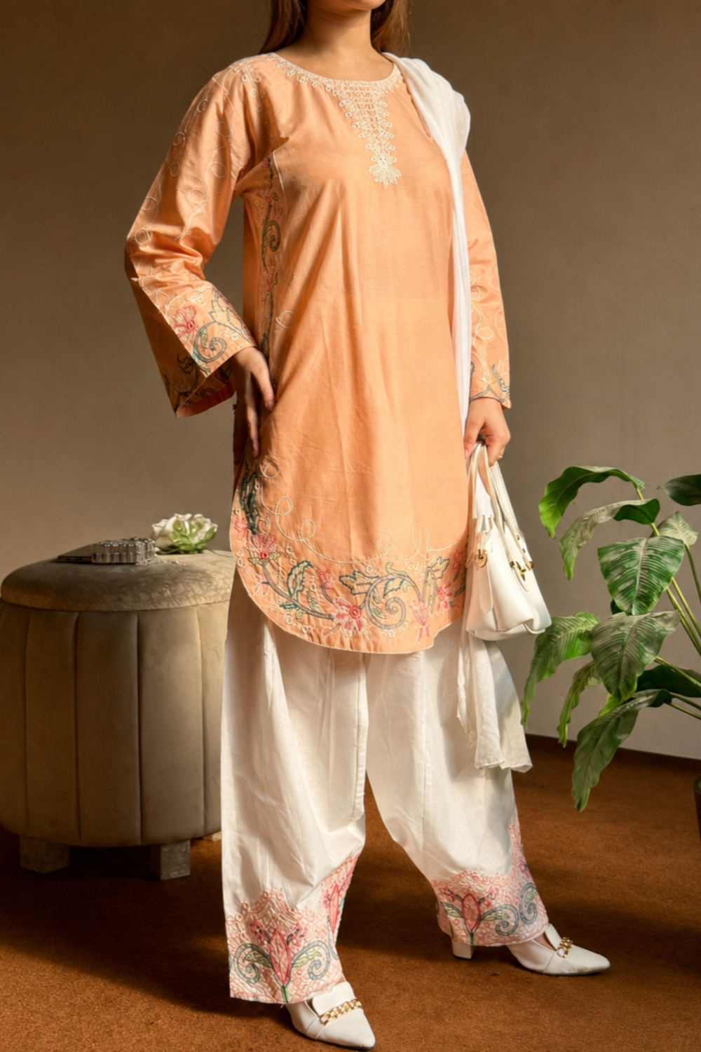 Orange Embroidered Lawn Farshi Shalwar Suit Online in Dubai UAE Abudhabi Ajman Sharjah