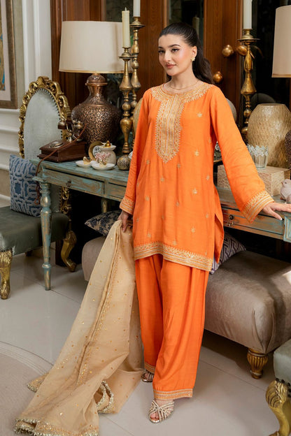 Orange Embroidered Raw Silk Farshi Shalwar Suit Online in Dubai UAE Abudhabi Ajman Sharjah