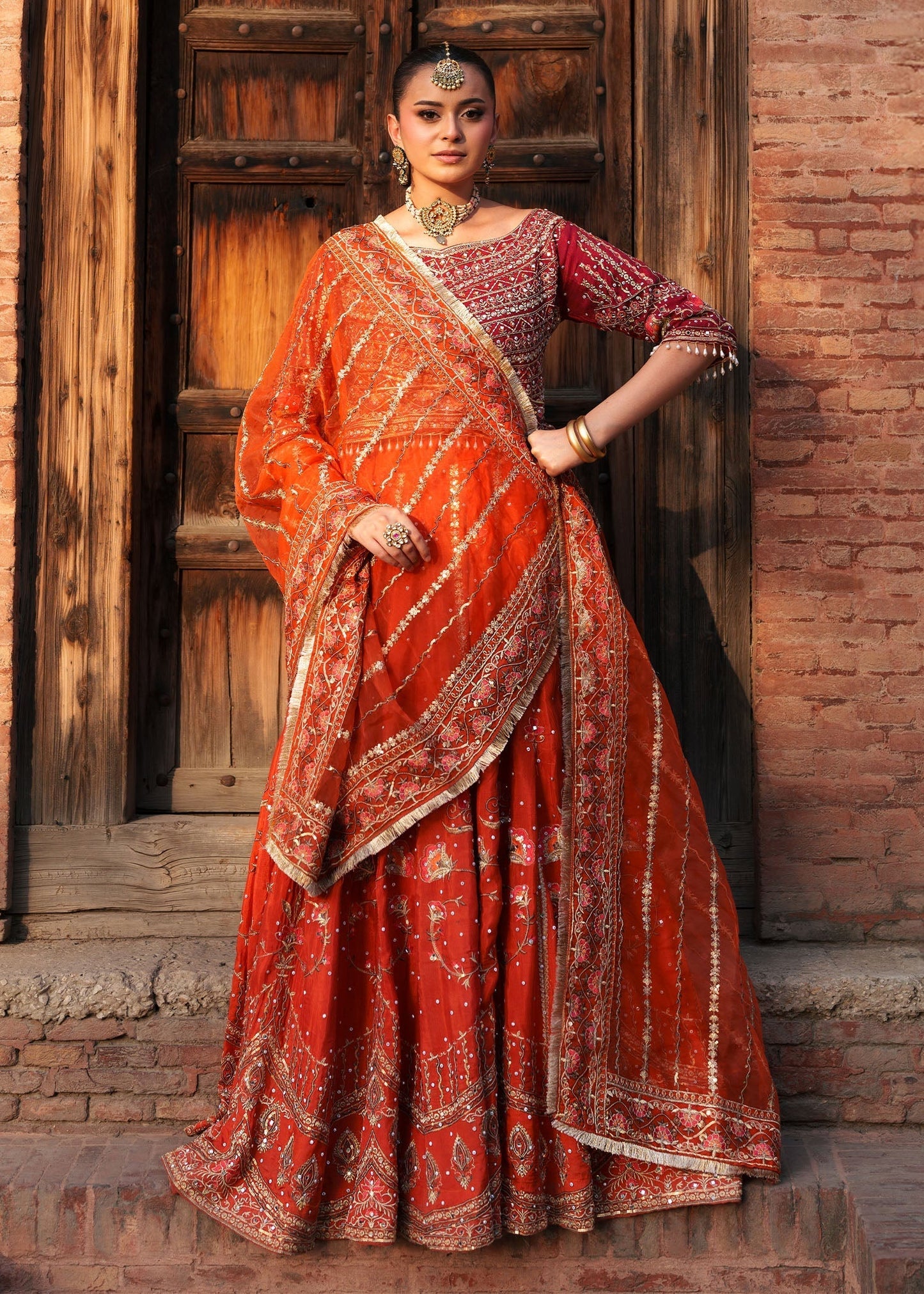 Orange Embroidered Silk Lehenga with Dupatta Online in Sri Lanka India Australia