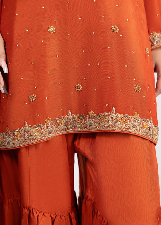 Orange Hand Work Raw Silk Pakistani Suit Online in Dubai DXB UAE Abudhabi Meena Bazaar