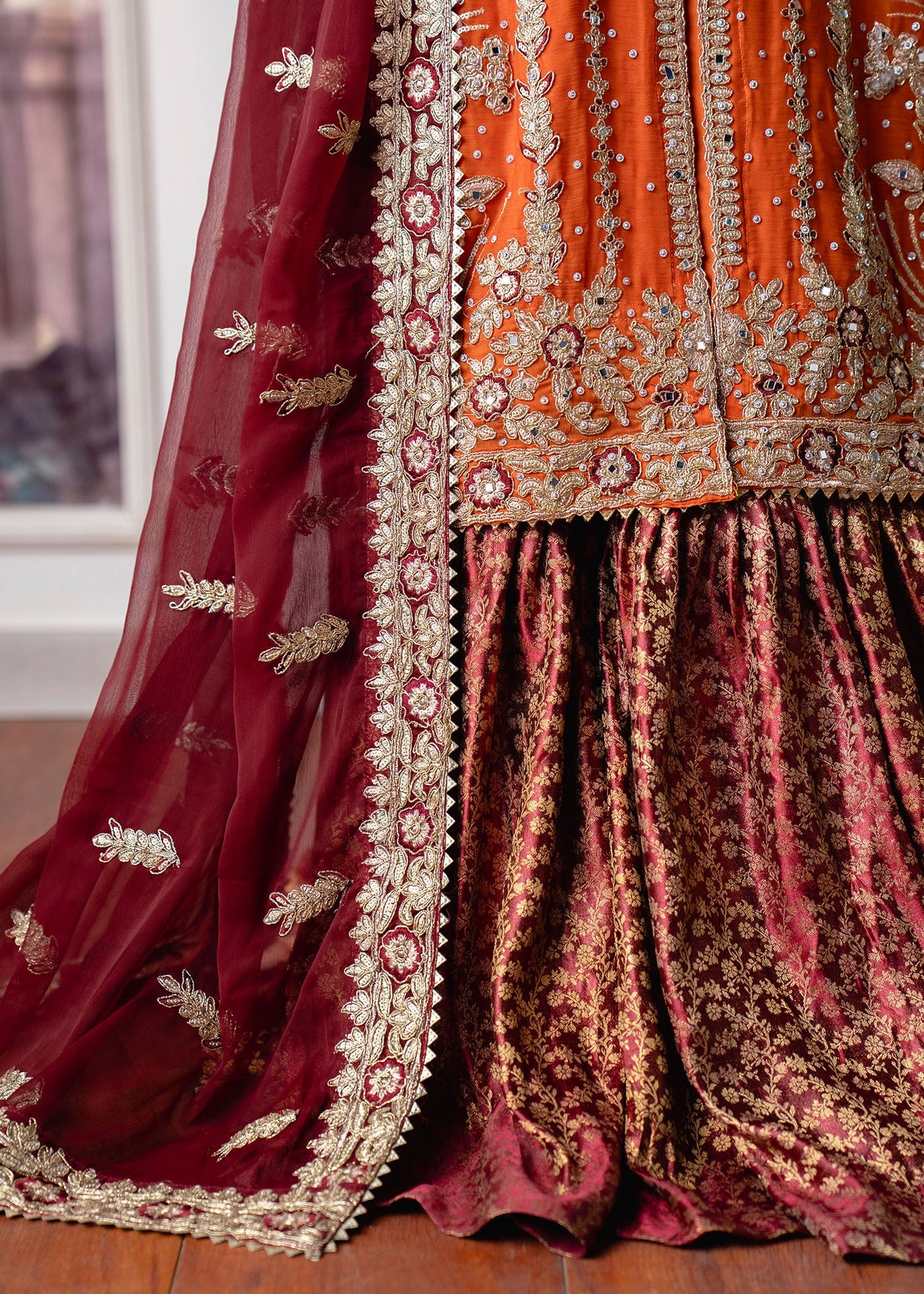Orange Maroon Banarasi Gharara with Net Dupatta Online in Dubai DXB UAE Abudhabi Meena Bazaar