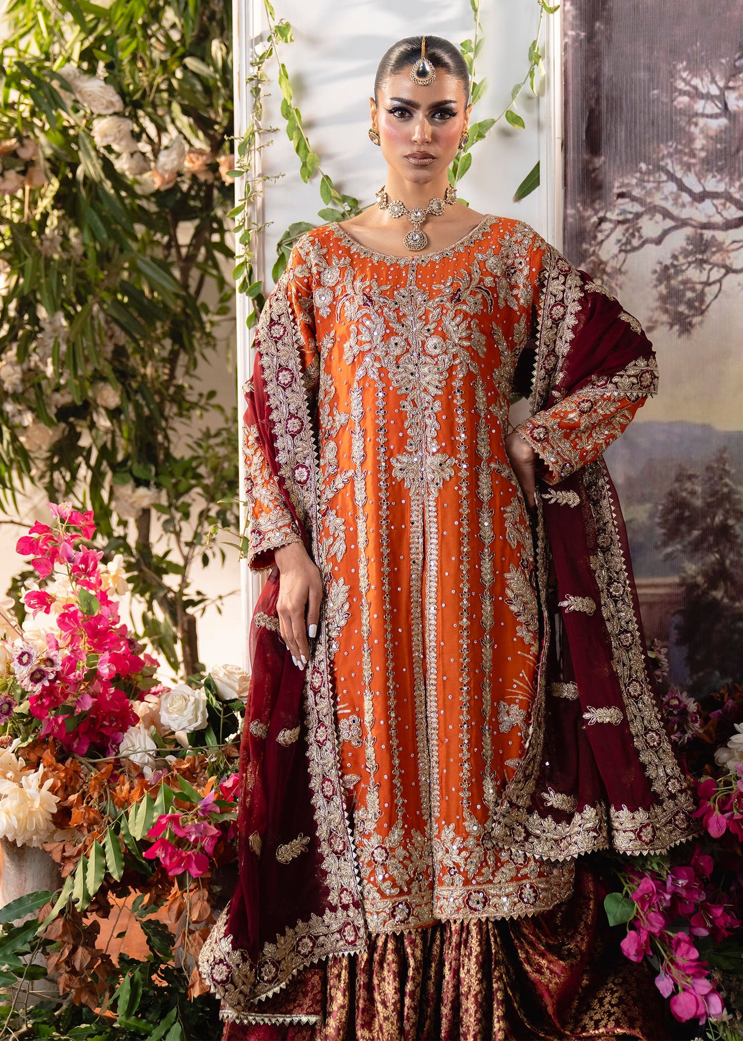 Orange Maroon Banarasi Kurti Gharara Suit Online in KSA Riyadh Saudi Arabia Oman Bahrain Qatar