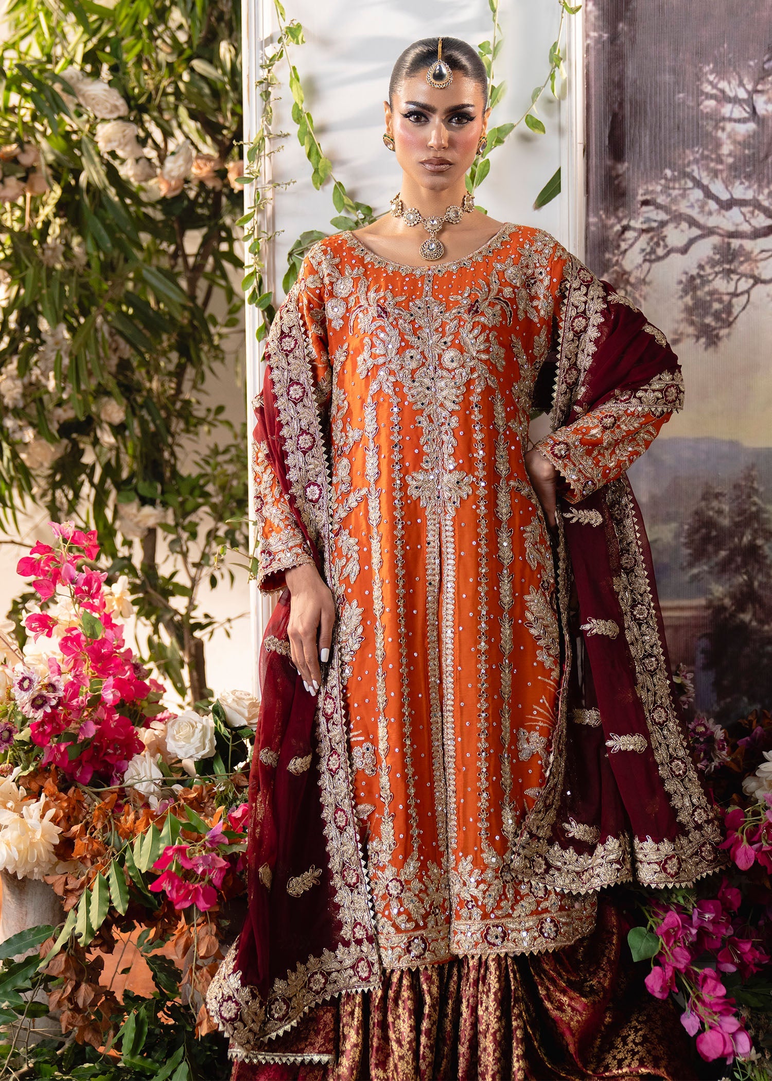 Orange Maroon Banarasi Kurti Gharara Suit Online in KSA Riyadh Saudi Arabia Oman Bahrain Qatar