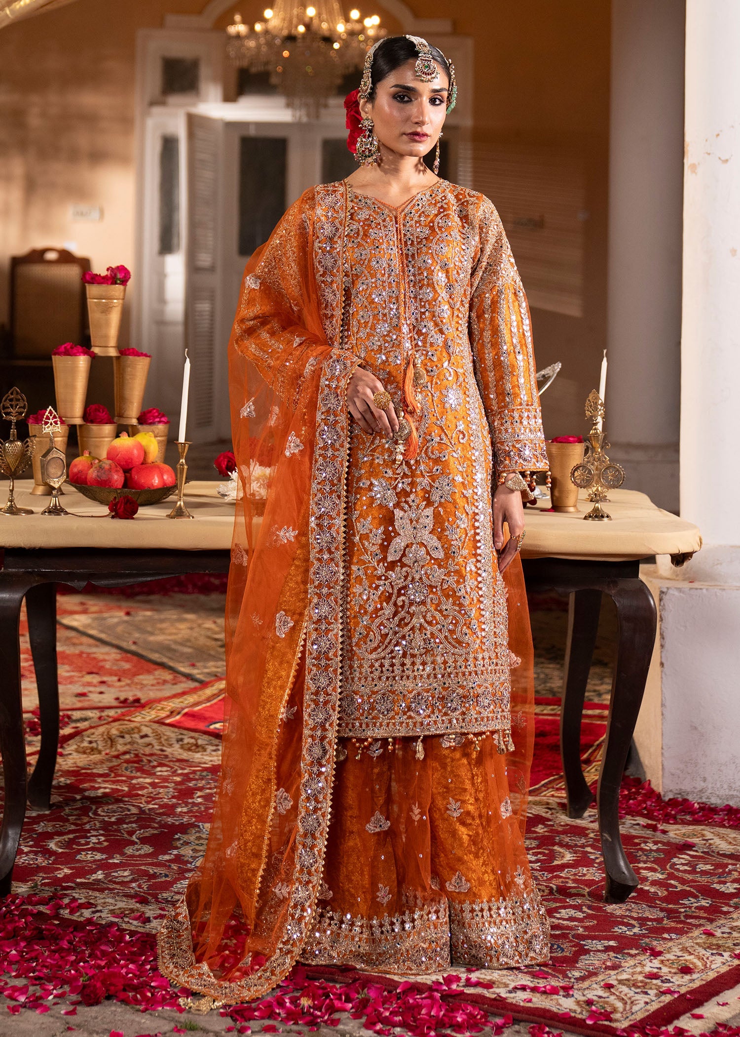 Orange Net Flared Sharara Pakistani Outfit Online in Dubai DXB UAE Abudhabi Meena Bazaar