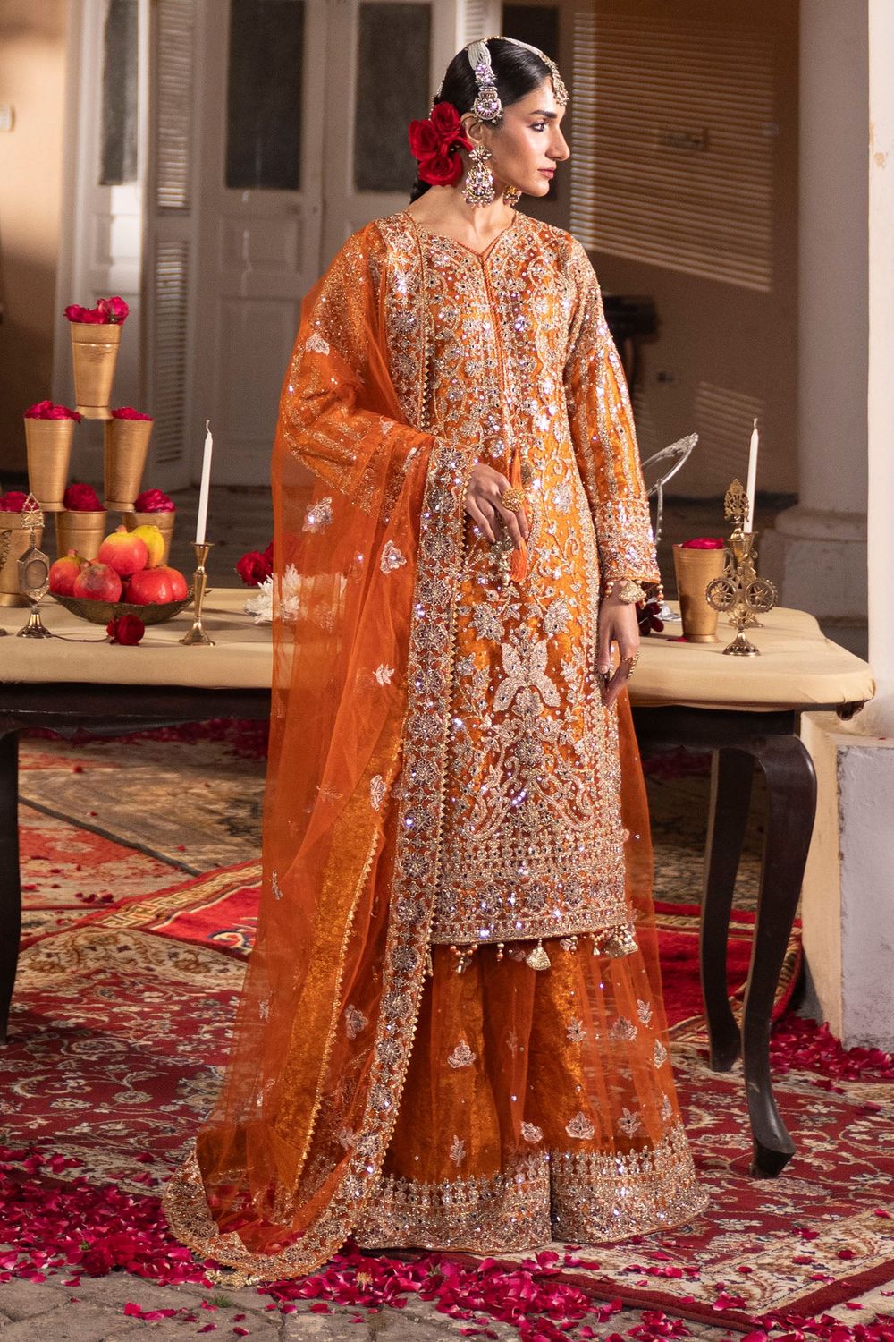 Orange Net Flared Sharara Partywear Suit Online in Dubai UAE Abudhabi Ajman Sharjah