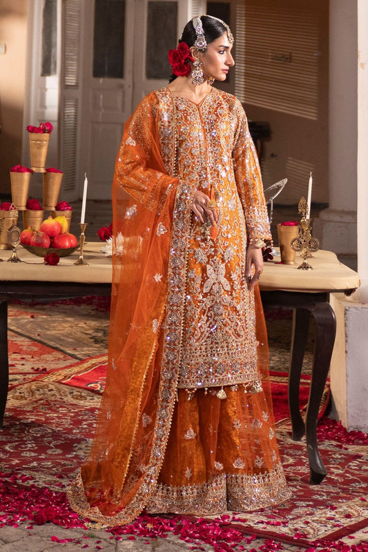 Orange Net Flared Sharara Partywear Suit Online in Dubai UAE Abudhabi Ajman Sharjah
