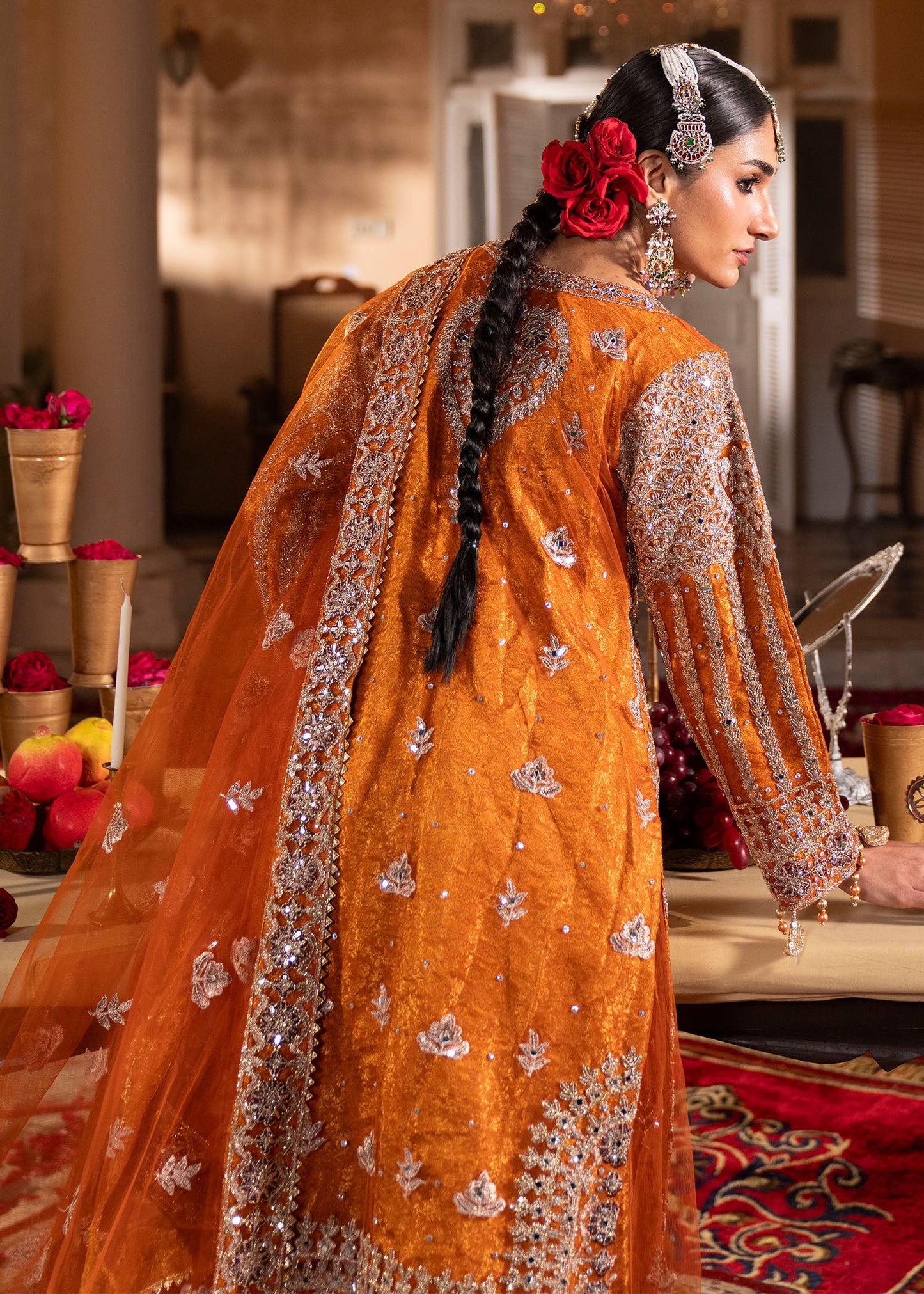 Orange Net Long Shirt Sharara Set Online in Dubai UAE Abudhabi Ajman Sharjah