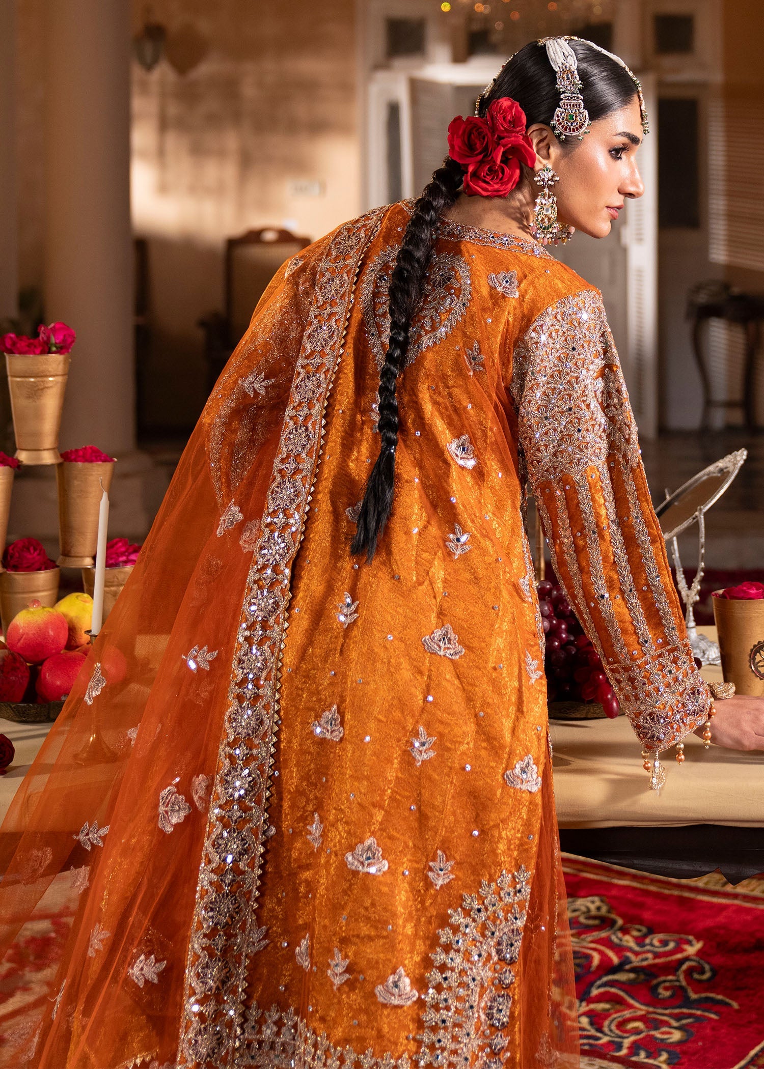 Orange Net Long Shirt Sharara Set Online in Dubai UAE Abudhabi Ajman Sharjah