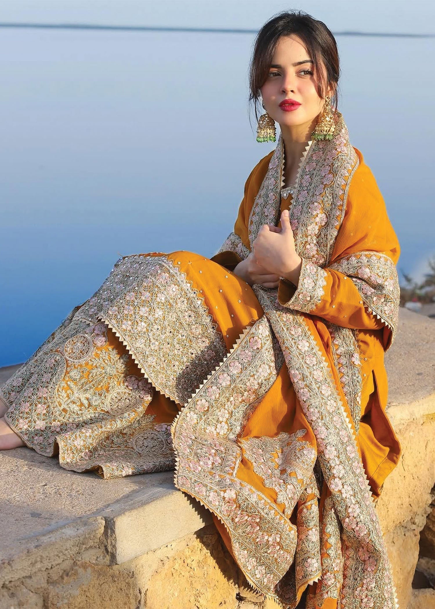 Orange Pearl Accent Chiffon Formal Suit Online in Sri Lanka India Australia