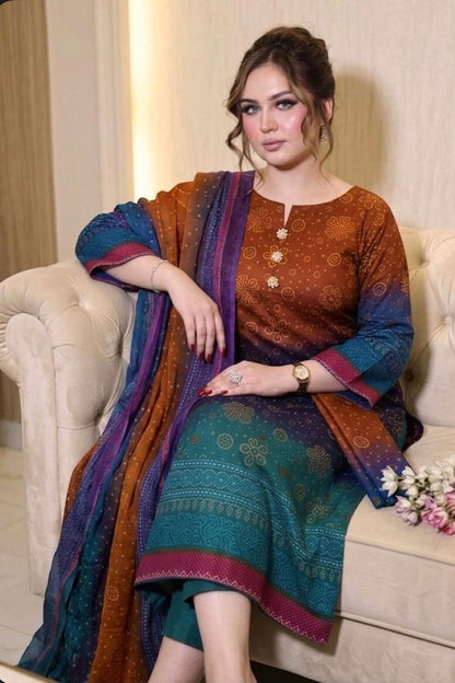 Orange Printed Lawn Formal Wear Suit Online in Dubai UAE Abudhabi Ajman Sharjah