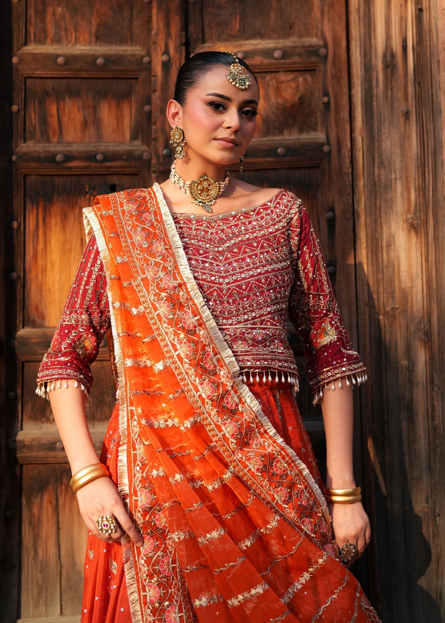 Orange Silk Lehenga Choli with Organza Dupatta Online in KSA Riyadh Saudi Arabia Oman Bahrain Qatar