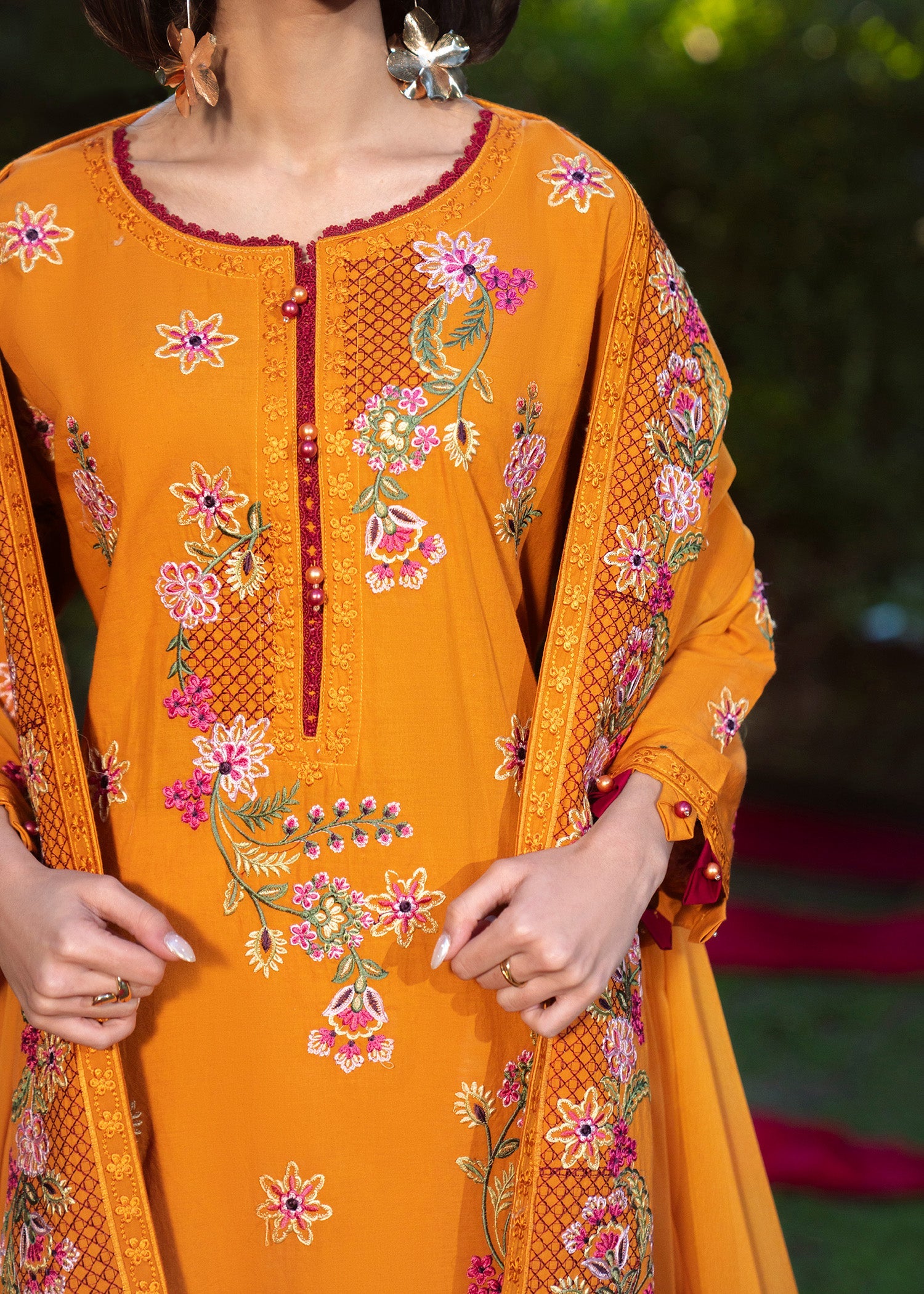 Orange Thread Work Lawn Suit Online in Sri Lanka India Australia