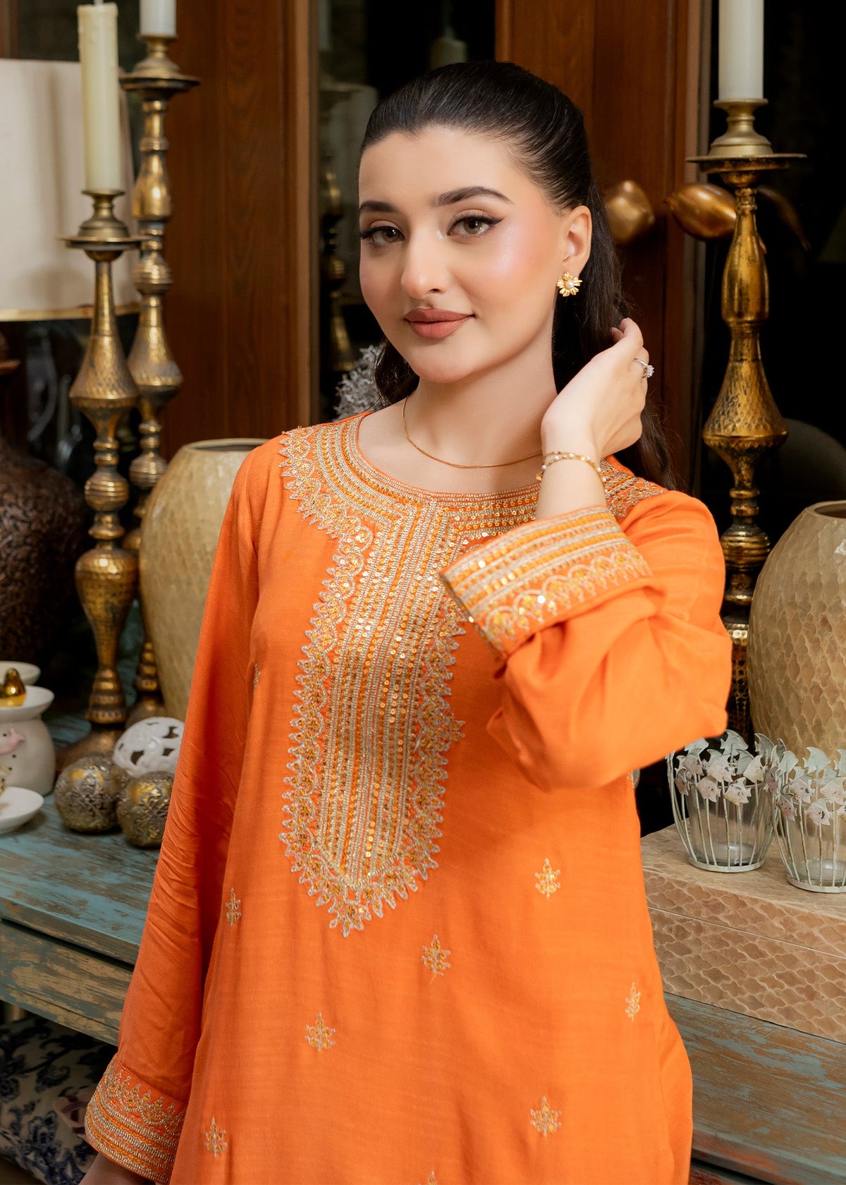 Orange Tilla Work Raw Silk Pakistani Outfit Online in Sri Lanka India Australia