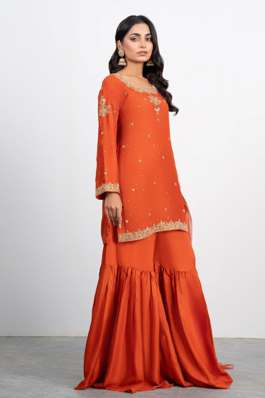 Orange Zardozi Hand Work Raw Silk Kurti Online in Dubai UAE Abudhabi Ajman Sharjah