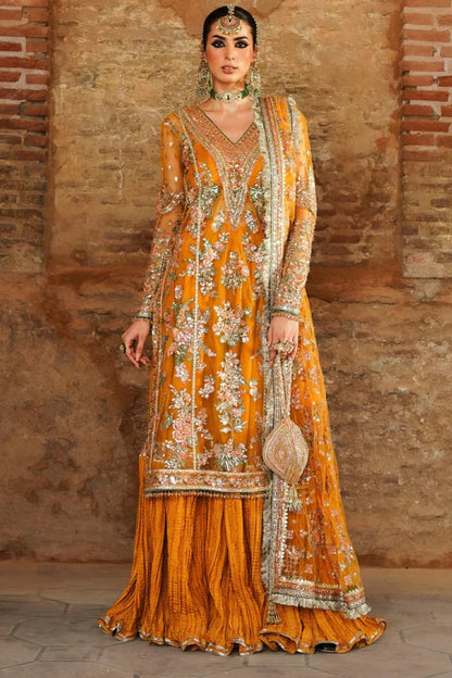 Orange Handmade Suit with Crushed Silk Sharara