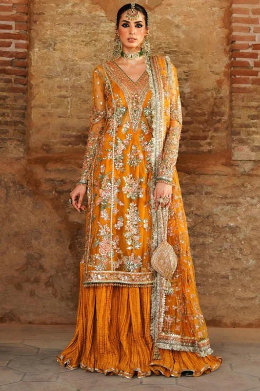 Orange Handmade Suit with Crushed Silk Sharara