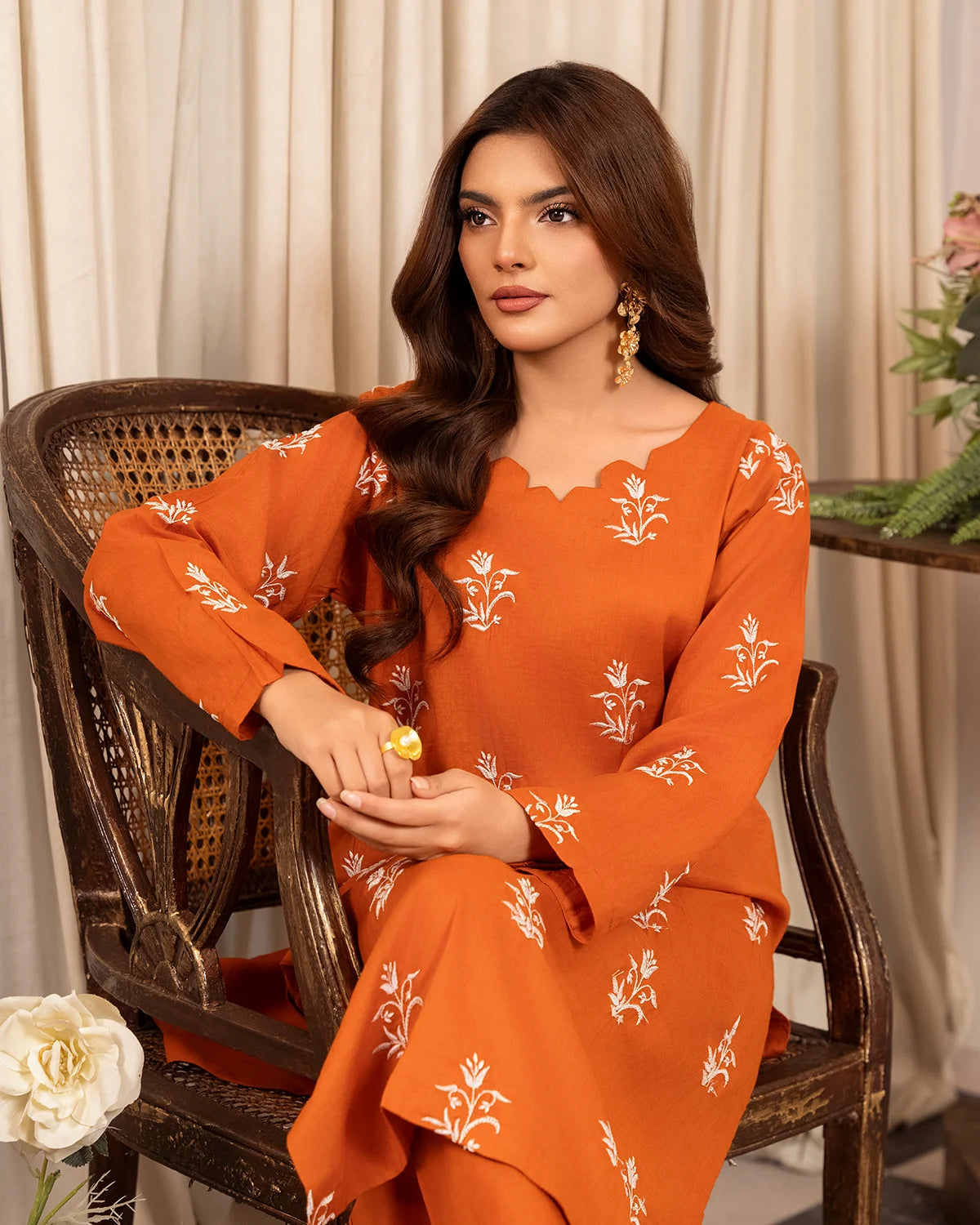 Orange Embroidered Cotton Kurta Set