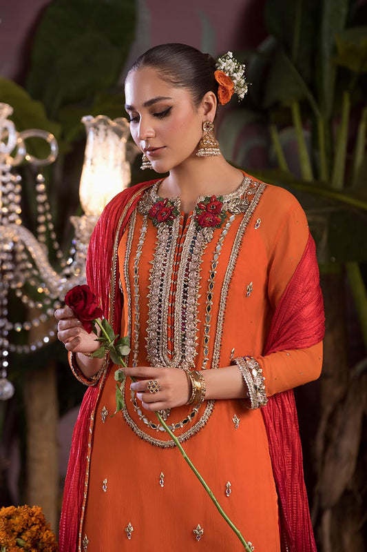 Orange Hand Embroidered Pure Chiffon Suit