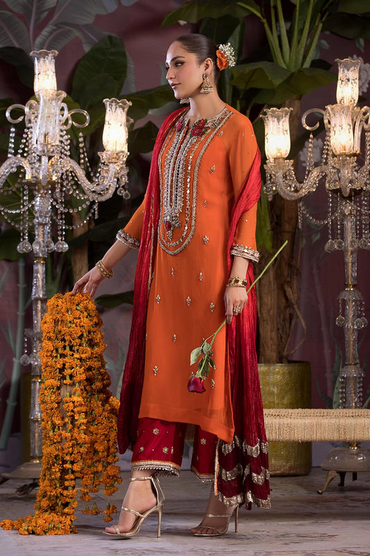 Orange Hand Embroidered Pure Chiffon Suit