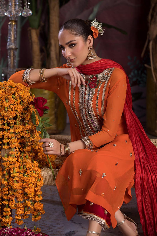 Orange Hand Embroidered Pure Chiffon Suit