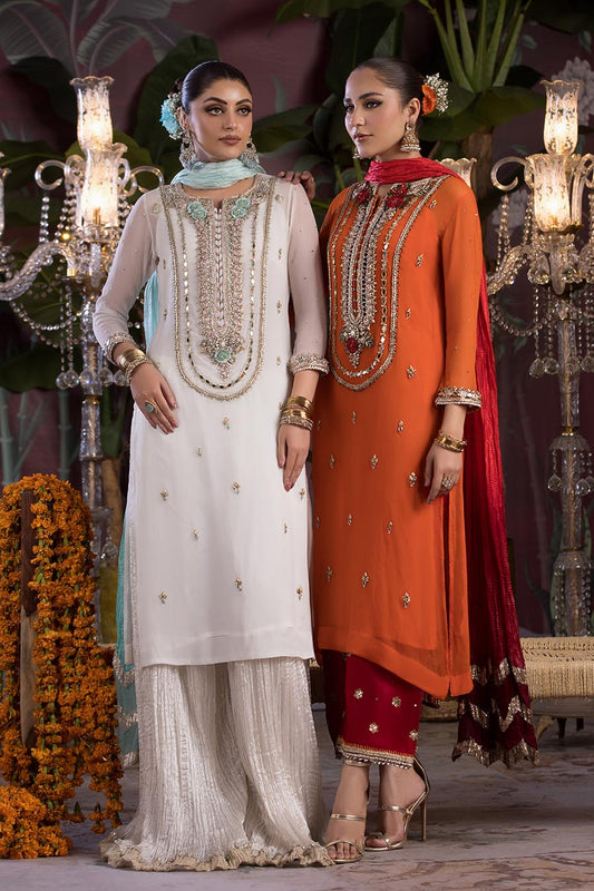 White Hand Embroidered Pure Chiffon Suit with Crushed Sharara