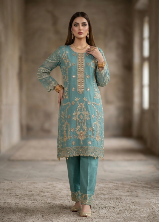 Organza Aquamarine Embroidered Festive Wear Suit Online in UK USA Canada
