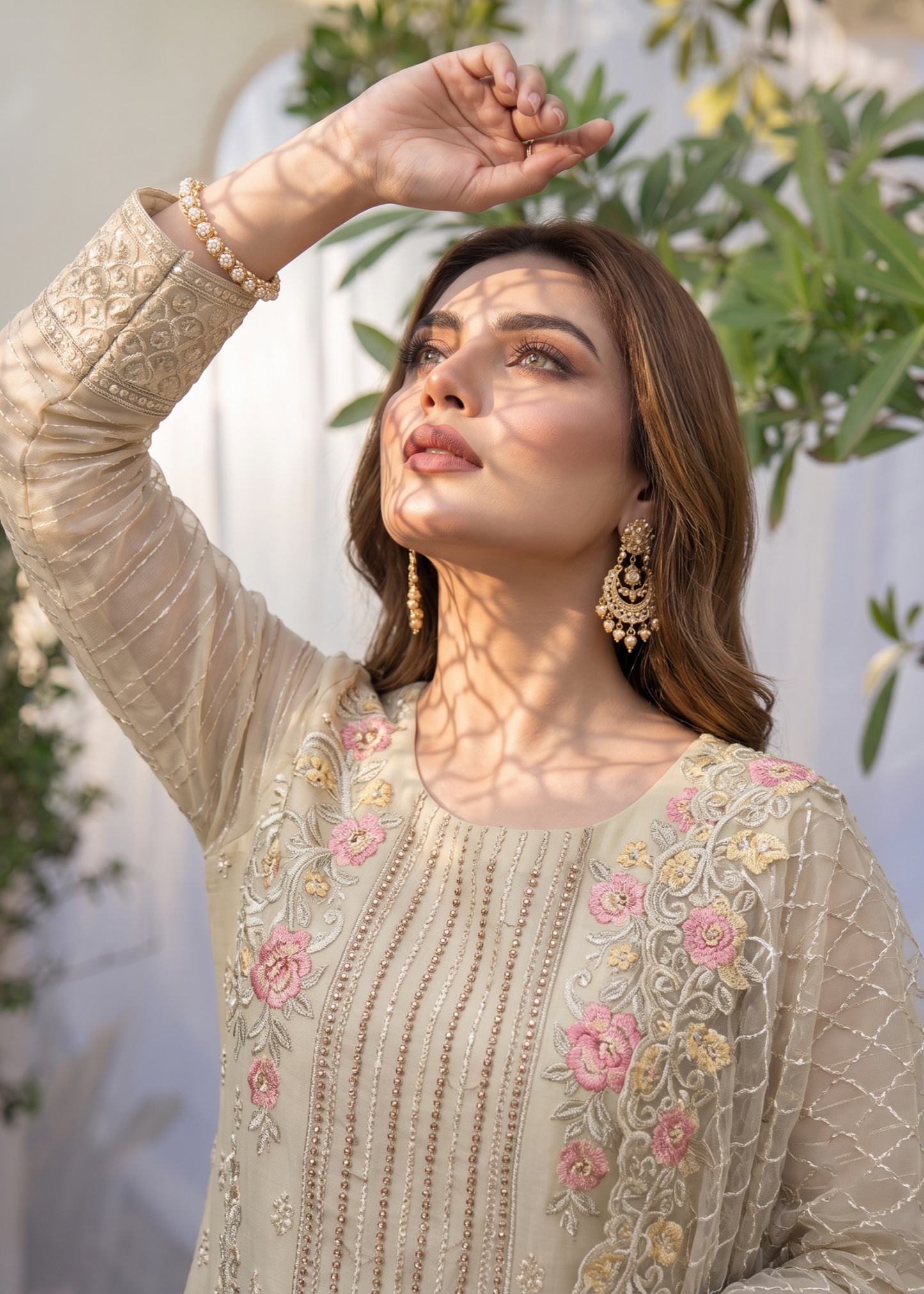 Organza Beige Designer Salwar Kameez Online in KSA Riyadh Saudi Arabia Oman Bahrain Qatar