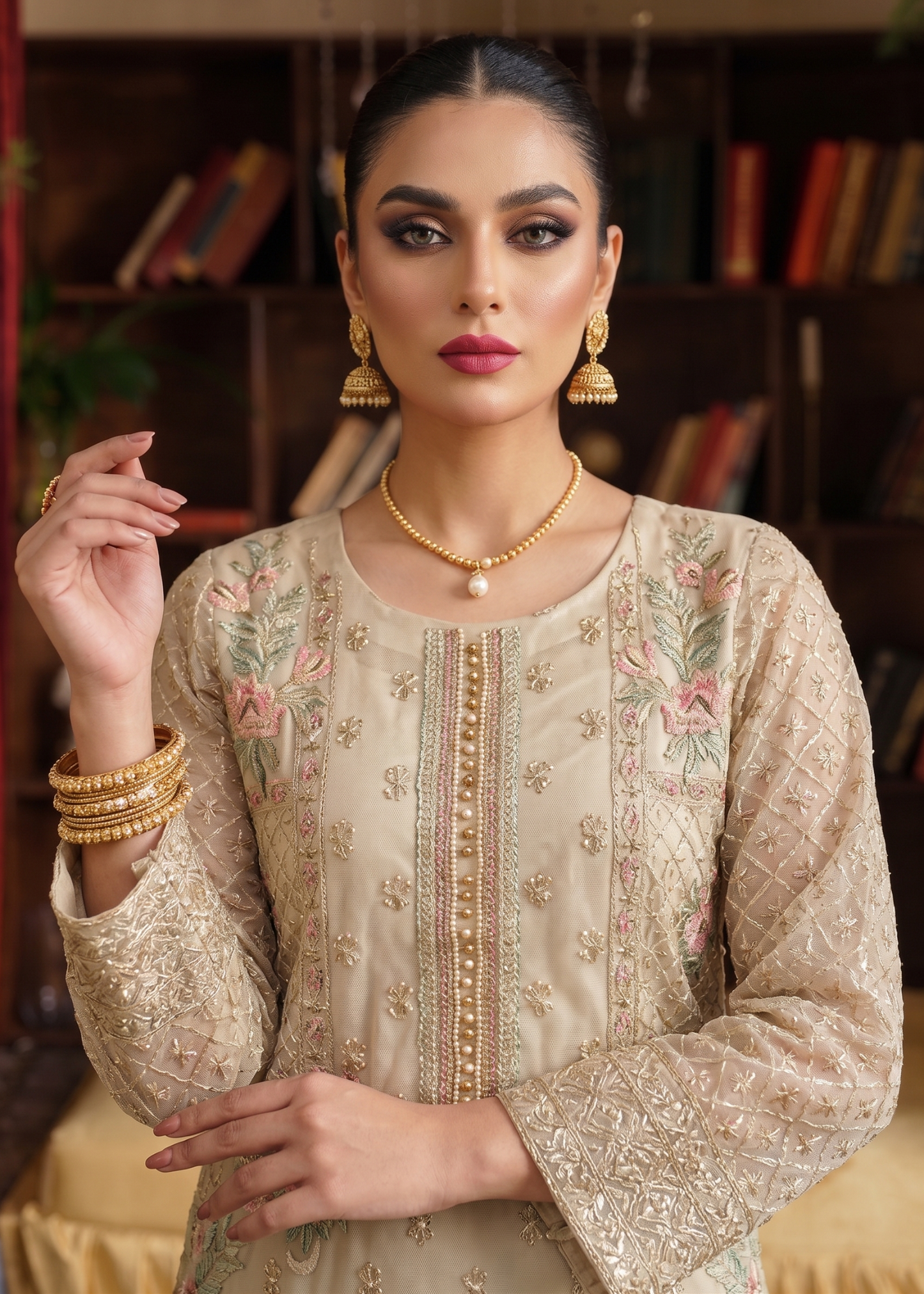 Organza Beige Embroidered Ladies Suit Online in KSA Riyadh Saudi Arabia Oman Bahrain Qatar