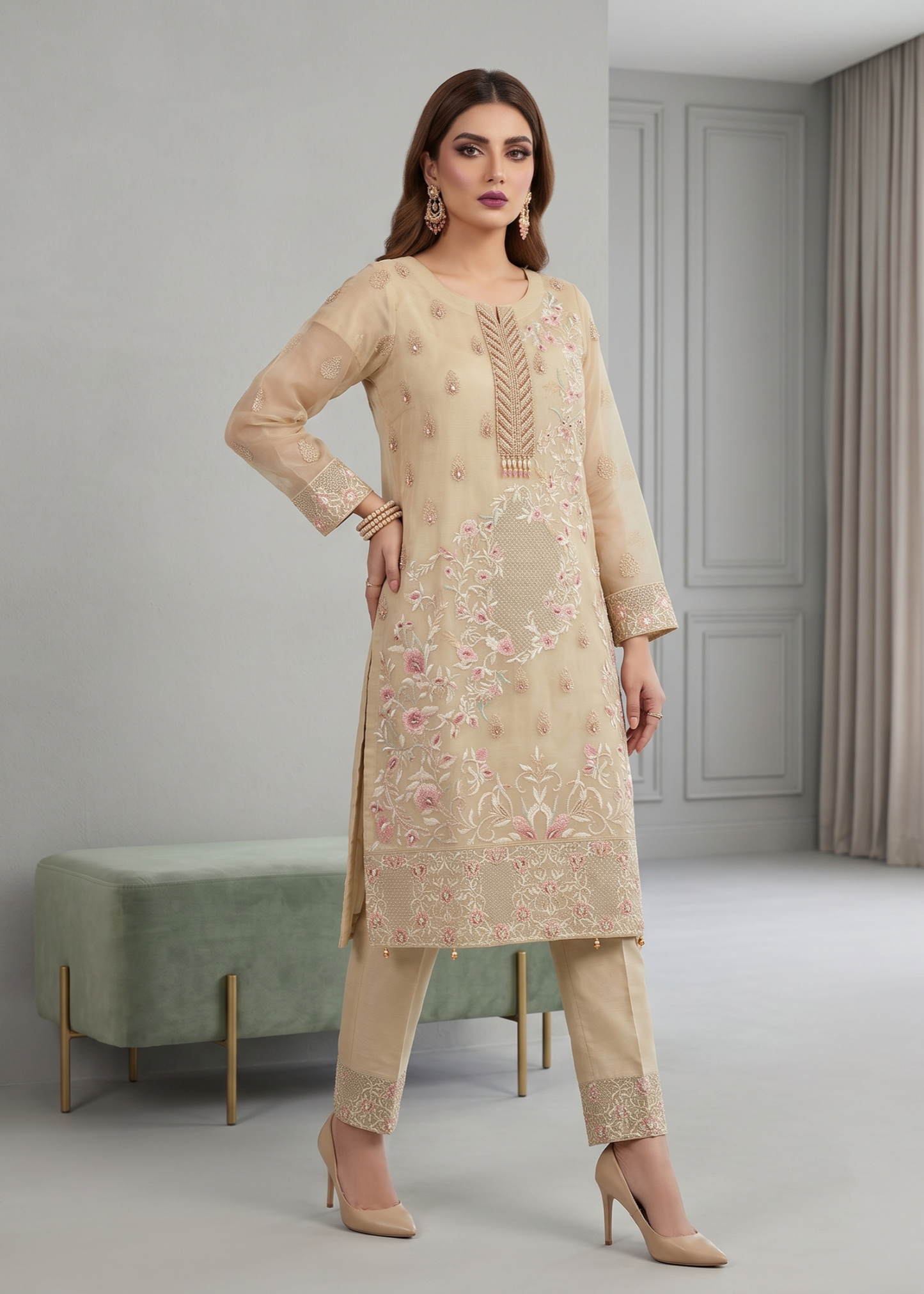 Organza Beige Embroidered Ladies Suit Online in UK USA Canada