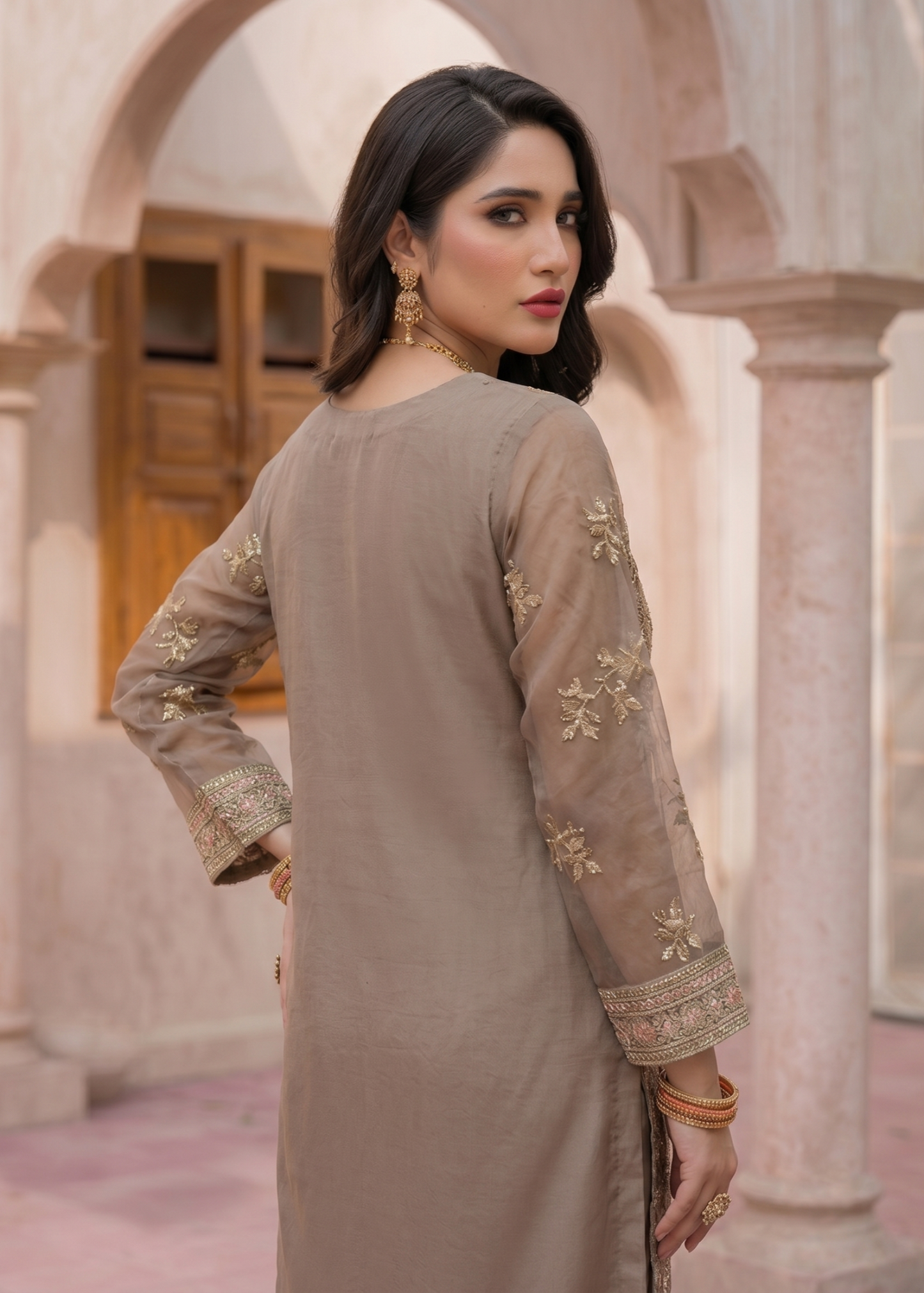 Organza Beige Embroidered Pakistani Suit Online in KSA Riyadh Saudi Arabia Oman Bahrain Qatar