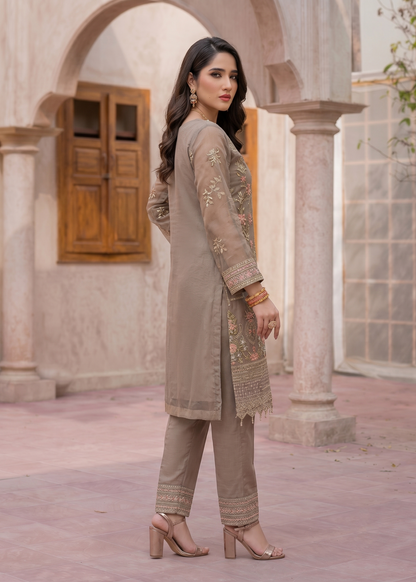 Organza Beige Embroidered Pakistani Suit Online in KSA Riyadh Saudi Arabia Oman Bahrain Qatar