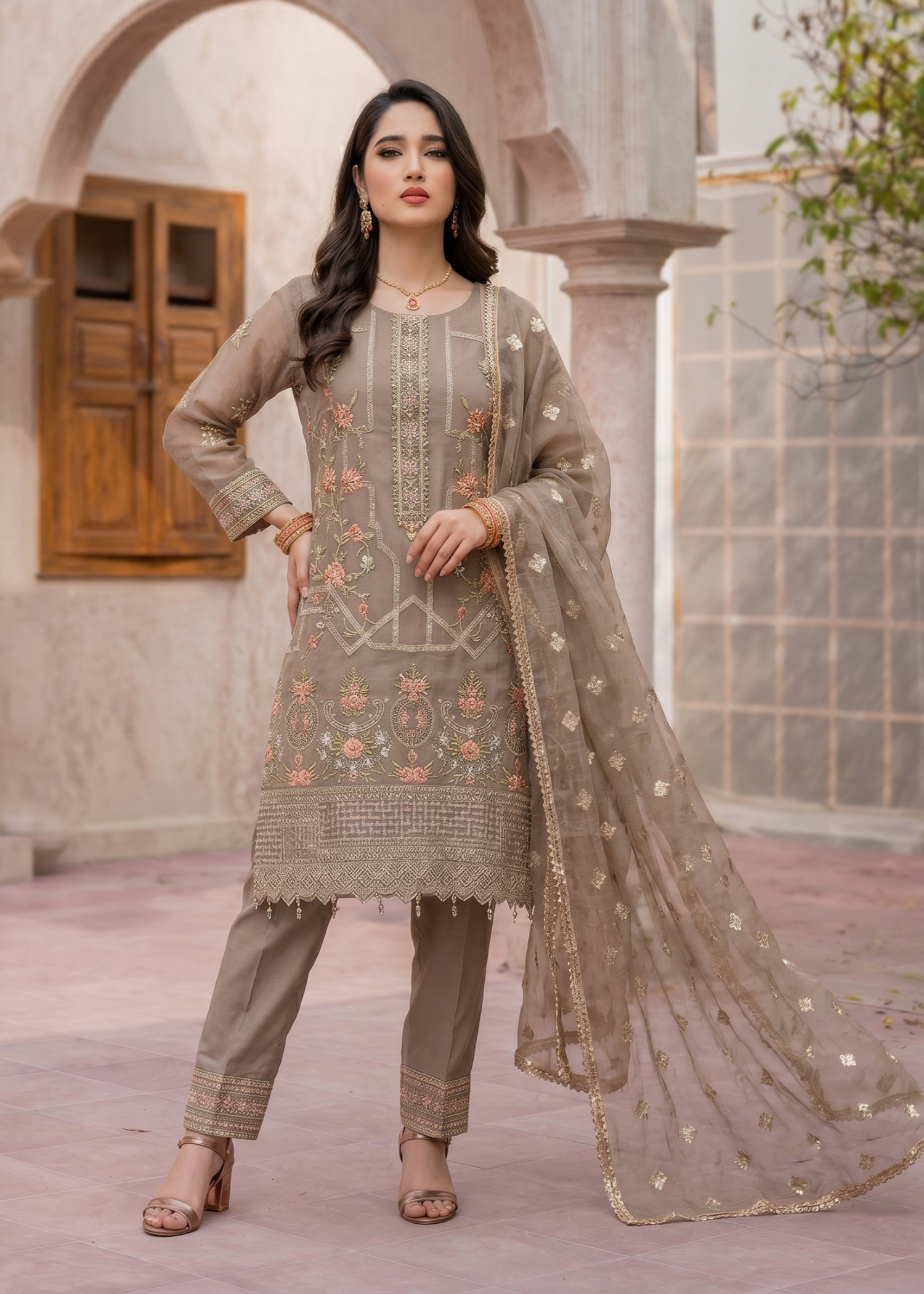 Organza Beige Embroidered Party Wear Suit Online in UK USA Canada
