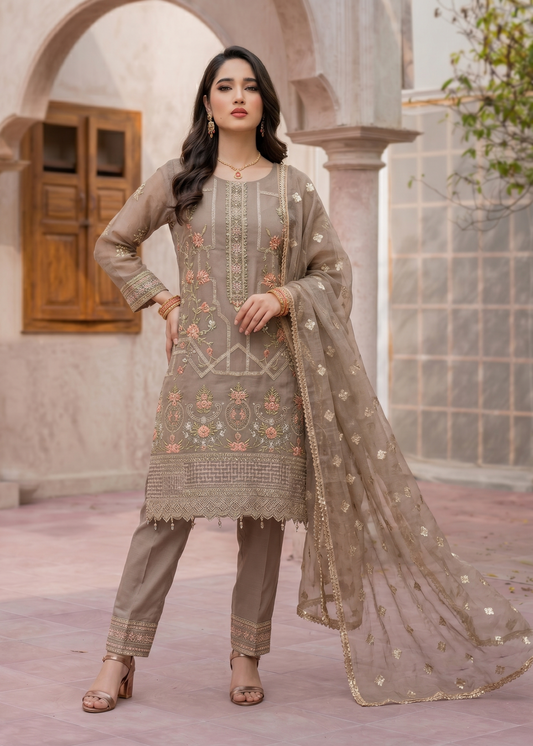 Organza Beige Embroidered Party Wear Suit Online in UK USA Canada