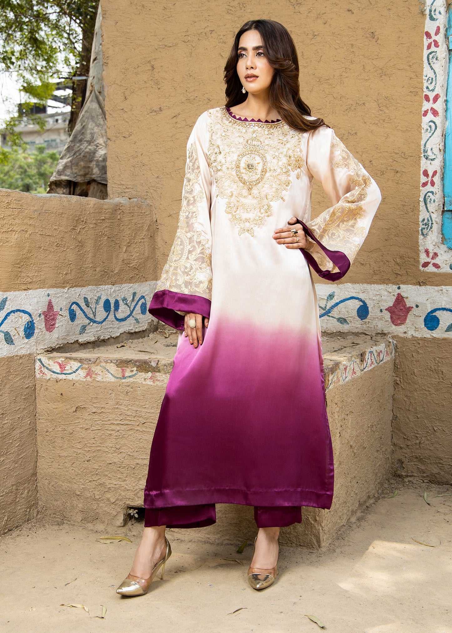 Organza Cutwork Sleeves Kaftan Set Online in KSA Riyadh Saudi Arabia Oman Bahrain Qatar