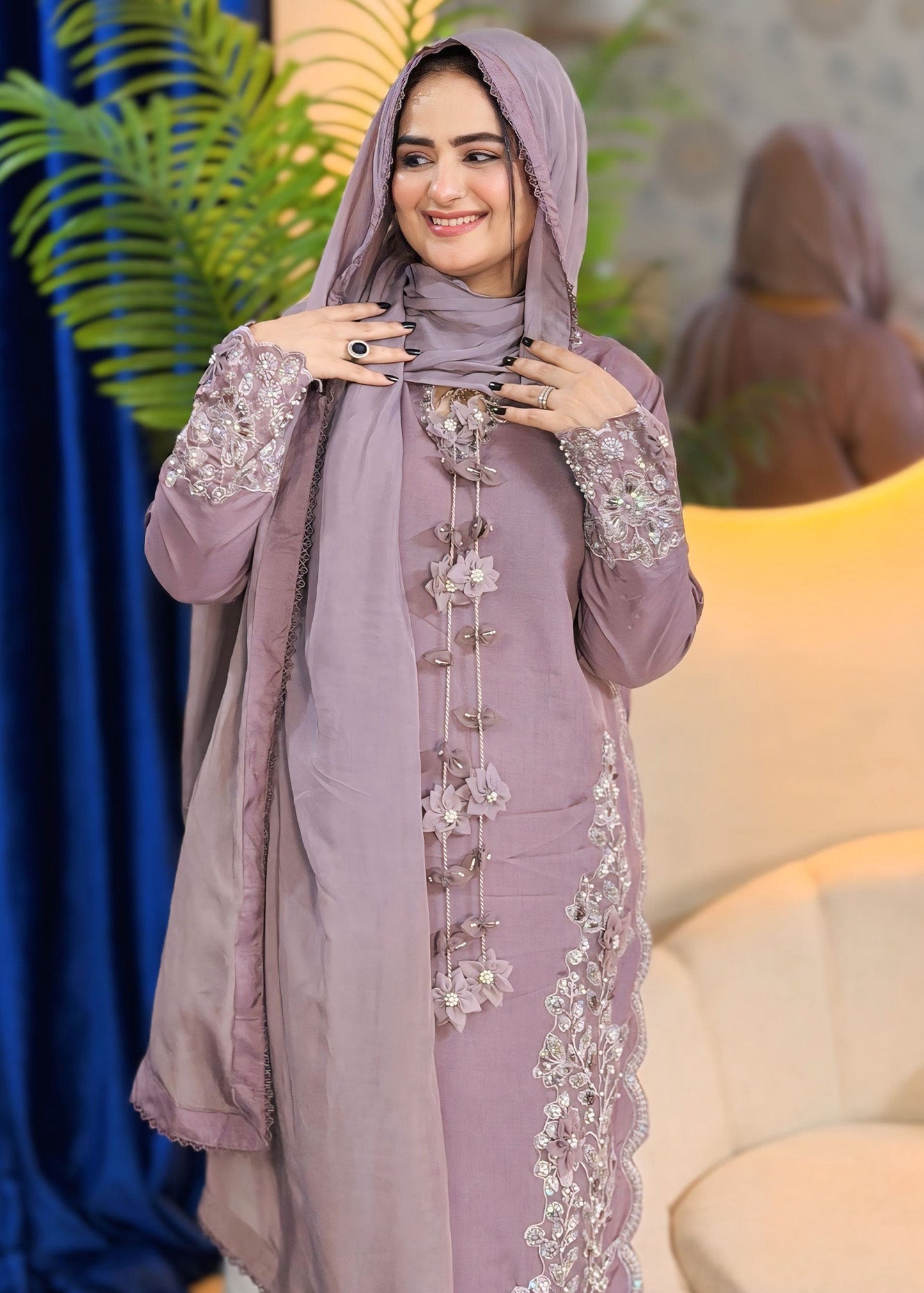Organza Dupatta Lilac Raw Silk Suit Online in Sri Lanka India Australia